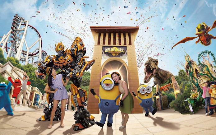 Universal Studios Singapore entrance with characters and attractions, part of Go City Singapore All-Inclusive Pass.