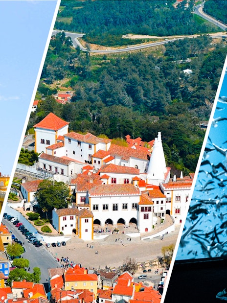 Lisboa's Oceanário, National Palace of Pena, and National Palace of Sintra in a collage.