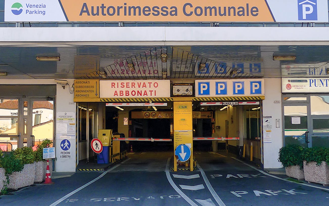 Piazzale Roma parking entrance in Venice with reserved subscriber section.