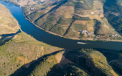 Cruise boat on Douro River with terraced vineyards in Douro Valley, Portugal.