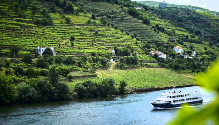 Cruise boat on Douro River with terraced vineyards in Douro Valley, Portugal.