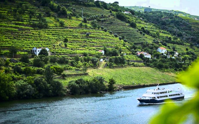 Cruise boat on Douro River with terraced vineyards in Douro Valley, Portugal.