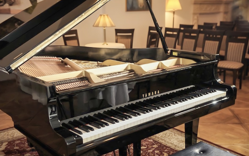 Grand piano in a concert hall setting for an Evening Chopin Piano Concert.