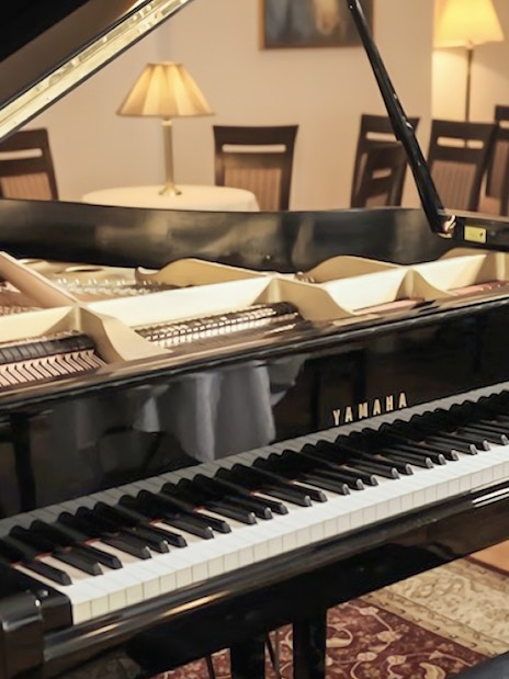 Grand piano in a concert hall setting for an Evening Chopin Piano Concert.