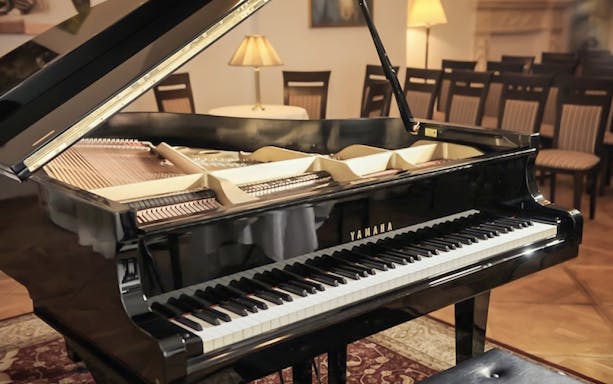 Grand piano in a concert hall setting for an Evening Chopin Piano Concert.