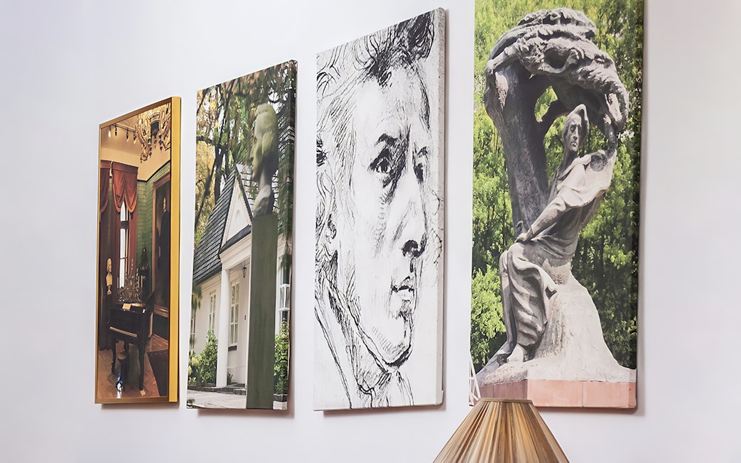 Wall art featuring Chopin's portrait and related images for Evening Chopin Piano Concert.