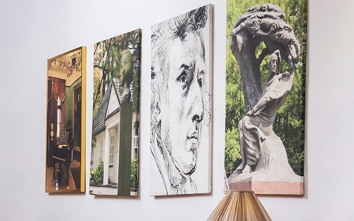 Wall art featuring Chopin's portrait and related images for Evening Chopin Piano Concert.