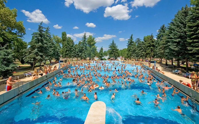 Crowded outdoor pool at Palatinus Spa, Budapest, surrounded by trees and sunbathers.