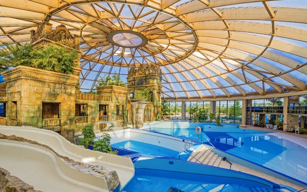 Aquaworld Water Park indoor pool and slides, Budapest.