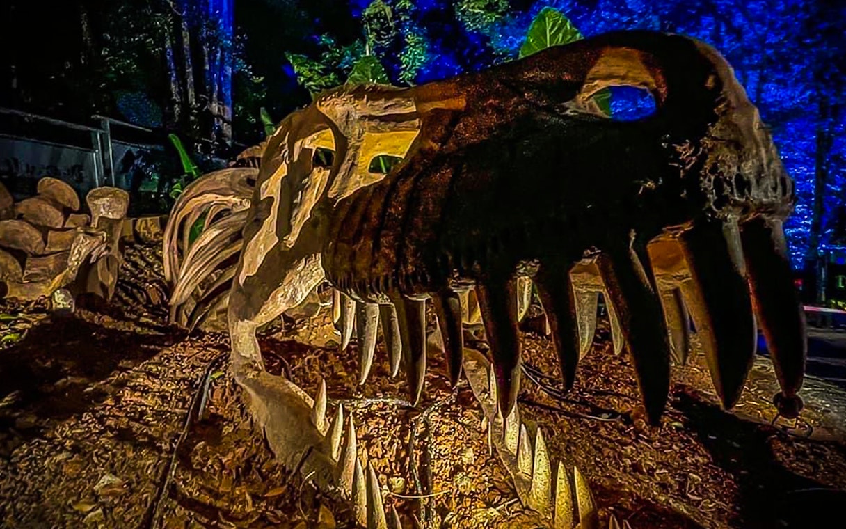 Dinosaur skeleton exhibit at Zoo Melaka, Malaysia.