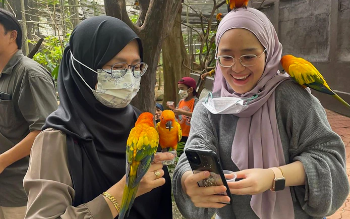 Visitors interacting with colorful parrots at Zoo Melaka, Malaysia.