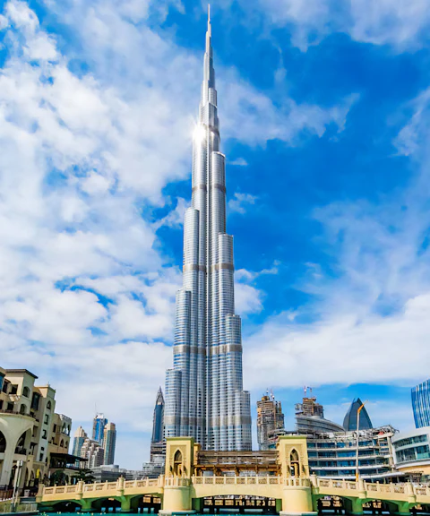 Burj Khalifa towering over Dubai skyline on a clear day.