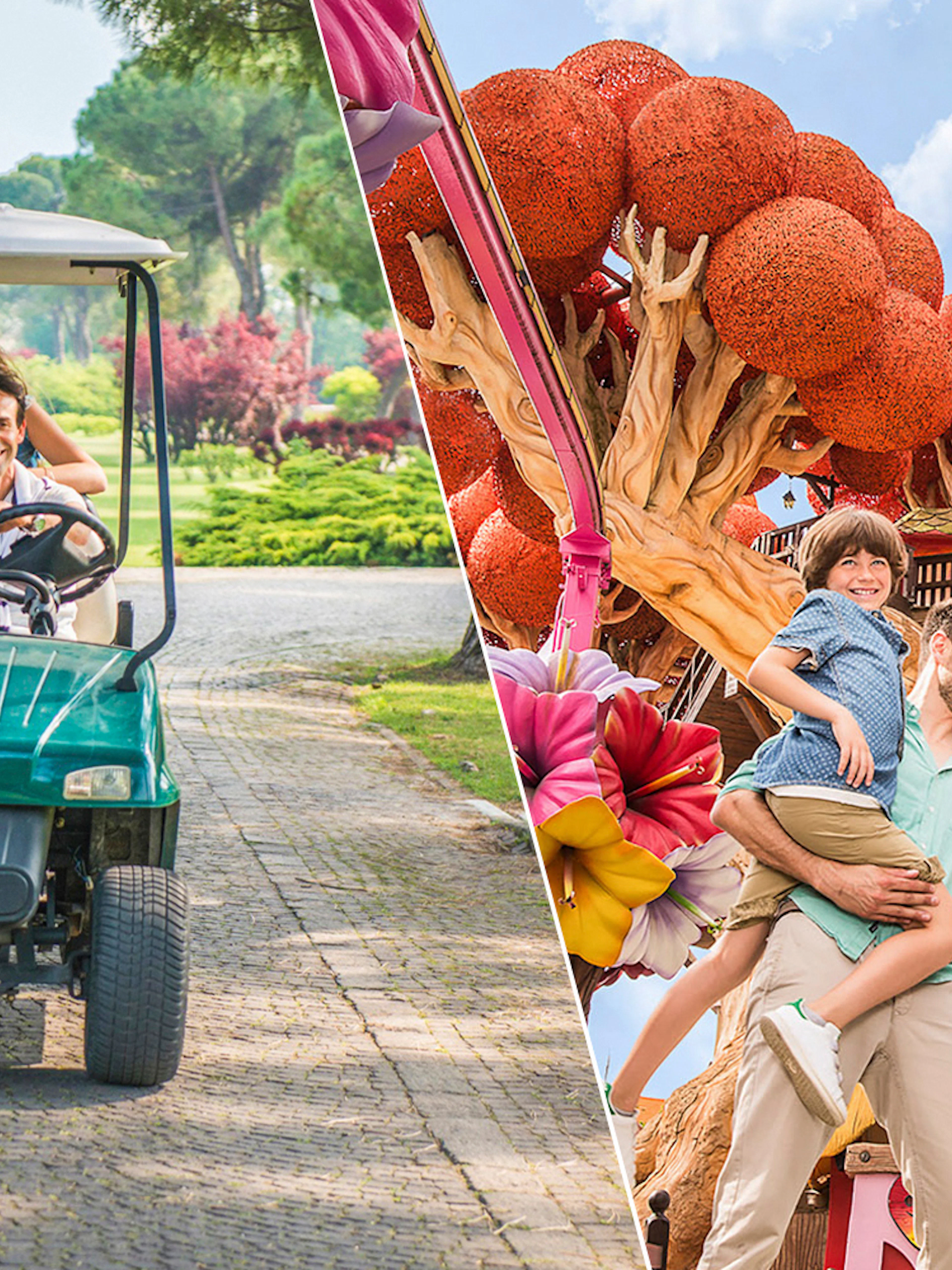 Family enjoying a golf cart ride at Parco Giardino Sigurtà and posing at Gardaland Park.