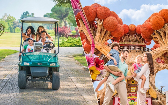 Family enjoying a golf cart ride at Parco Giardino Sigurtà and posing at Gardaland Park.