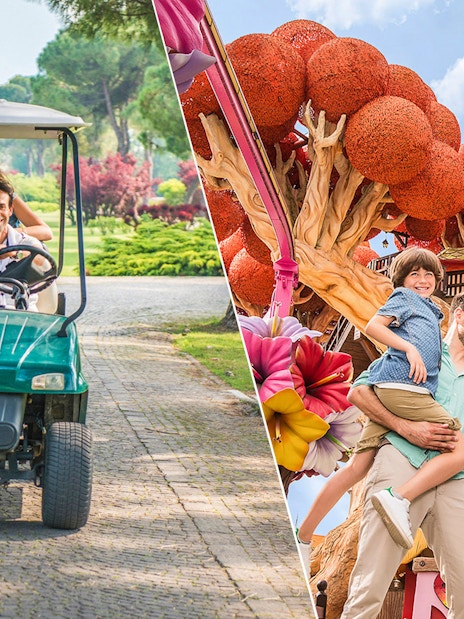 Family enjoying a golf cart ride at Parco Giardino Sigurtà and posing at Gardaland Park.