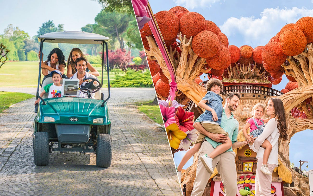 Family enjoying a golf cart ride at Parco Giardino Sigurtà and posing at Gardaland Park.