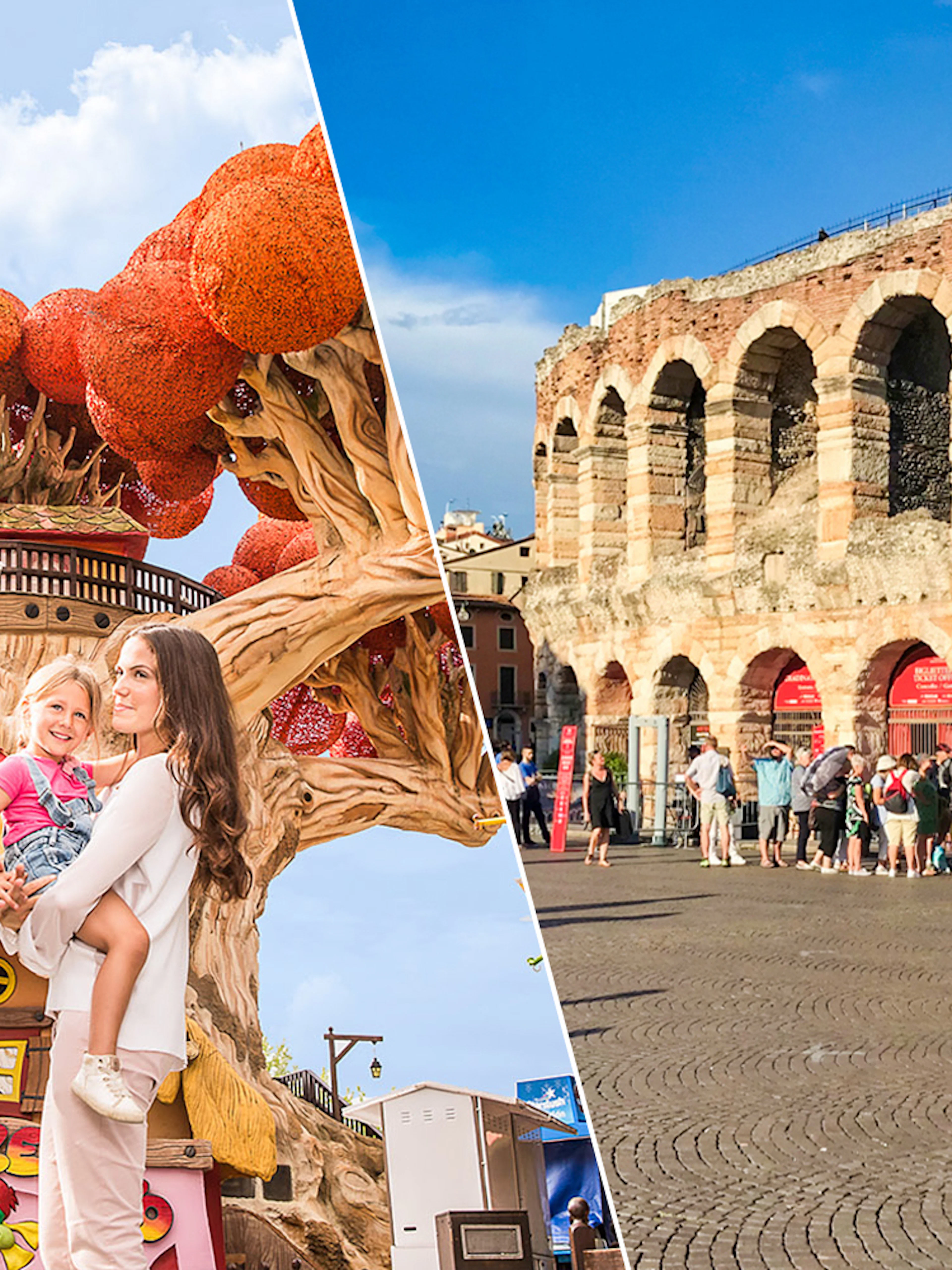 Family enjoying Gardaland Park with Verona Arena in the background, Italy.