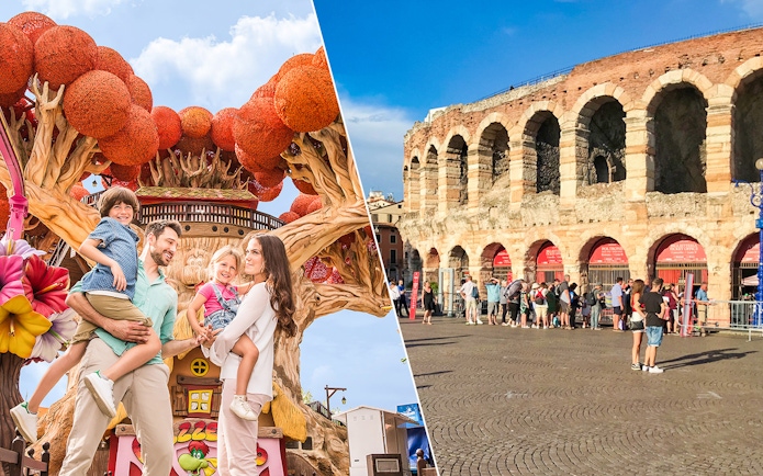 Family enjoying Gardaland Park with Verona Arena in the background, Italy.