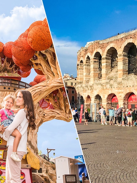 Family enjoying Gardaland Park with Verona Arena in the background, Italy.