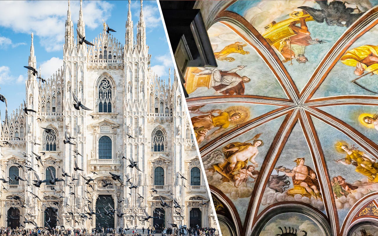 Milan Duomo facade and frescoes at Leonardo's Vineyard.