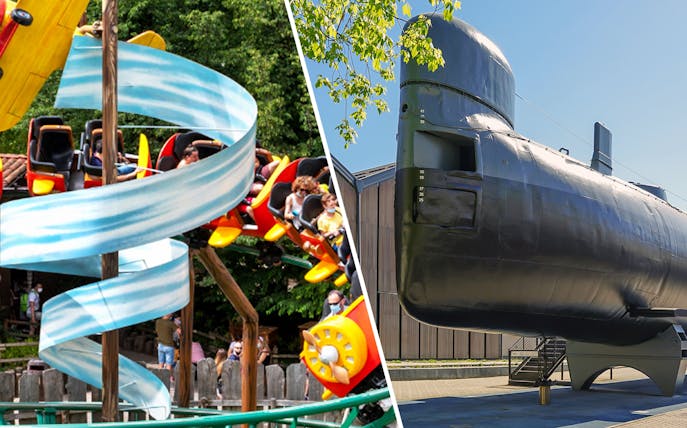 Leolandia amusement park ride and submarine exhibit at National Museum of Science and Technology Leonardo da Vinci.