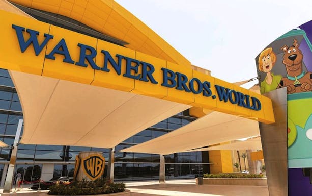 Entrance of Warner Bros. World Abu Dhabi with cartoon characters.