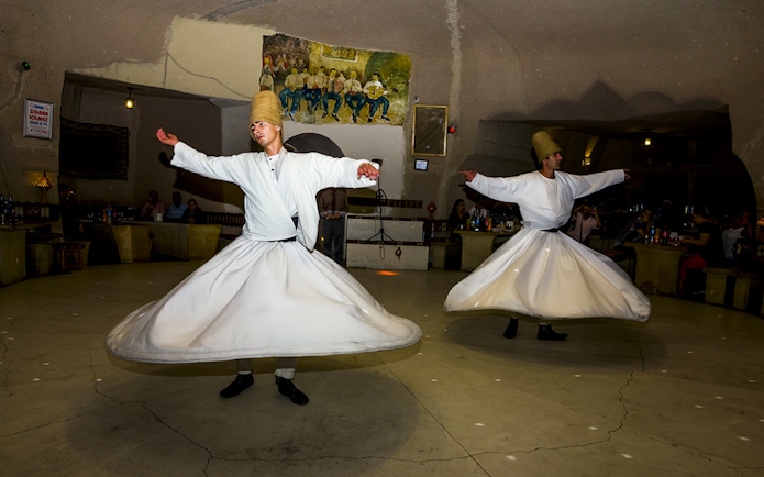Whirling Dervishes performing in a Cappadocia venue.