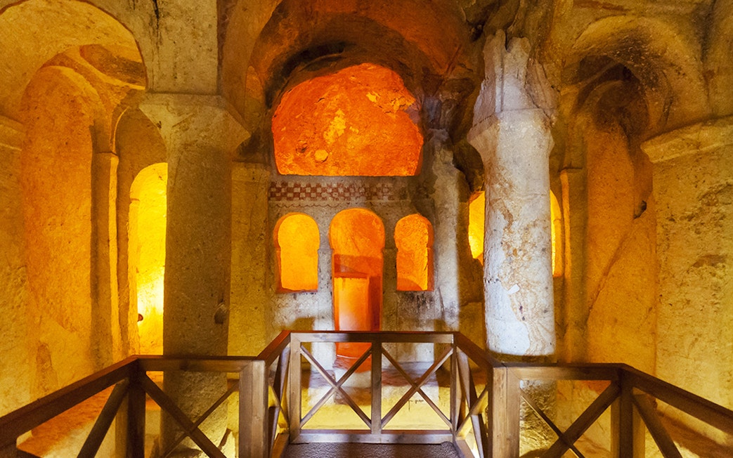 Ancient rock-cut church interior at Göreme Open-Air Museum, Cappadocia.