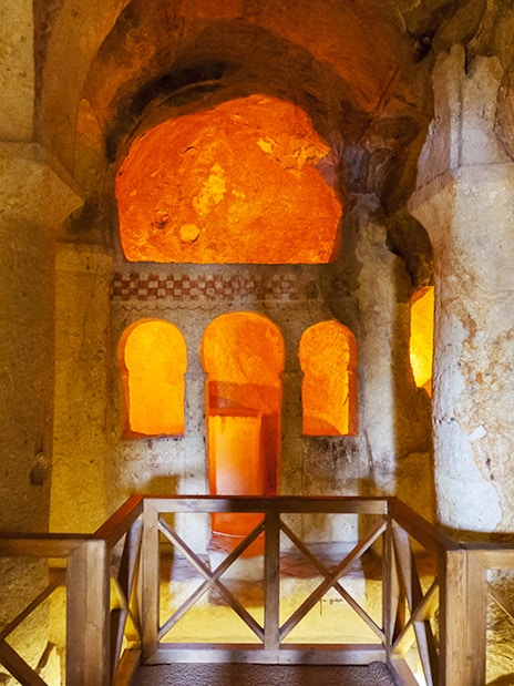 Ancient rock-cut church interior at Göreme Open-Air Museum, Cappadocia.