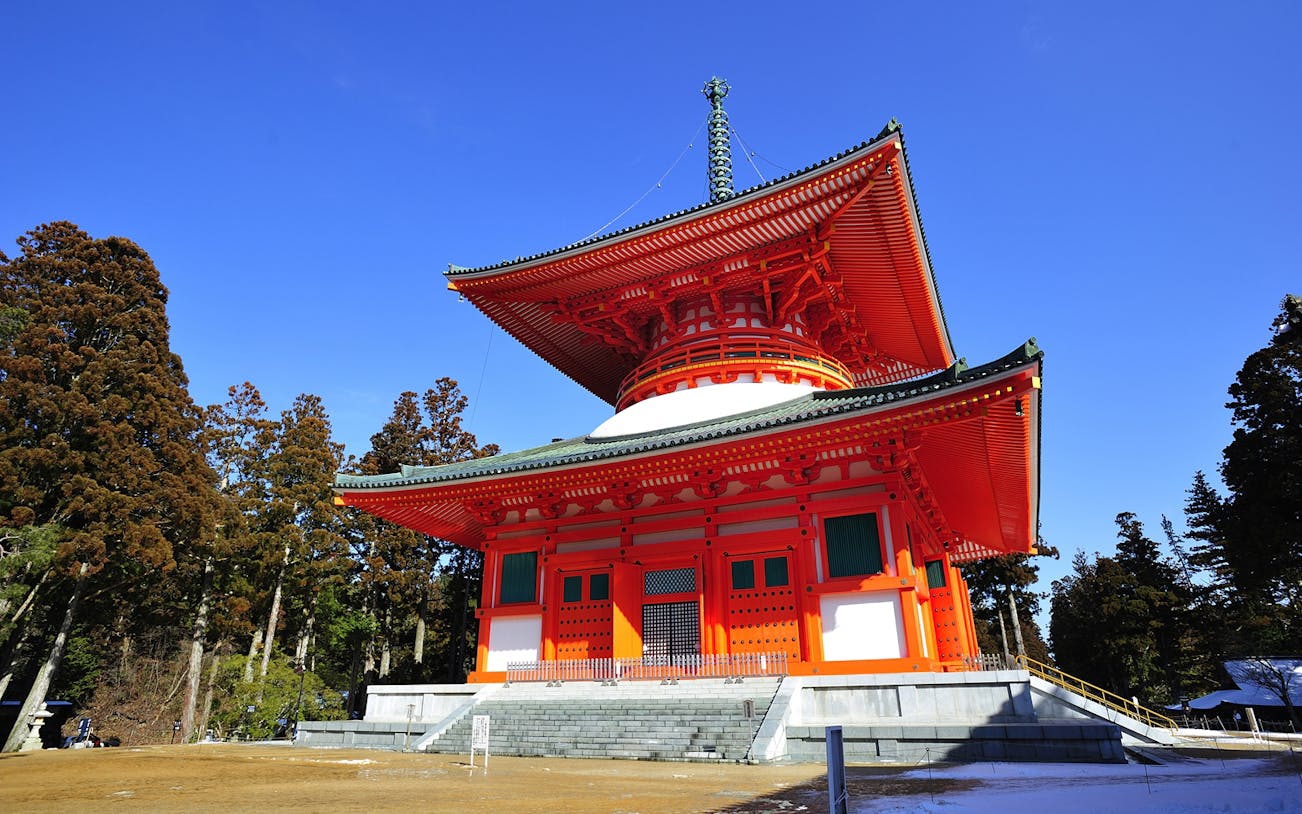 Koyasan's Konpon Daito Pagoda on a clear day, accessible with 2 day Nankai Railway All Line Pass.