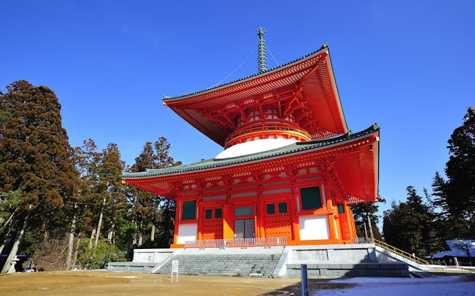 Koyasan's Konpon Daito Pagoda on a clear day, accessible with 2 day Nankai Railway All Line Pass.
