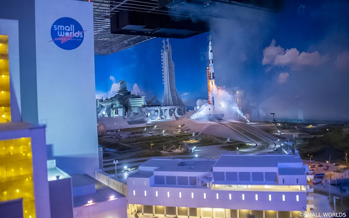 Model rocket launch display at Small Worlds Tokyo.