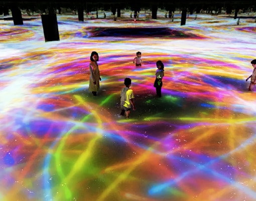 Visitors exploring immersive digital art installation at TeamLab Planets Tokyo.