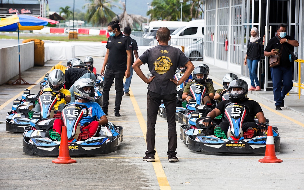 Go-kart racers preparing to start at Morac Adventure Park, Langkawi.