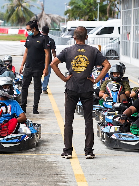 Go-kart racers preparing to start at Morac Adventure Park, Langkawi.