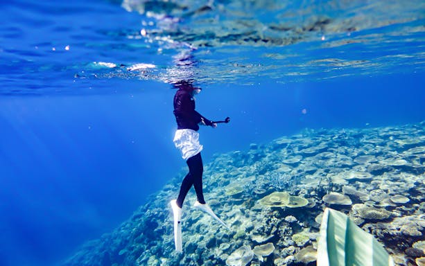 Snorkeler exploring coral reef in Kerama Chibishi Island during guided tour.