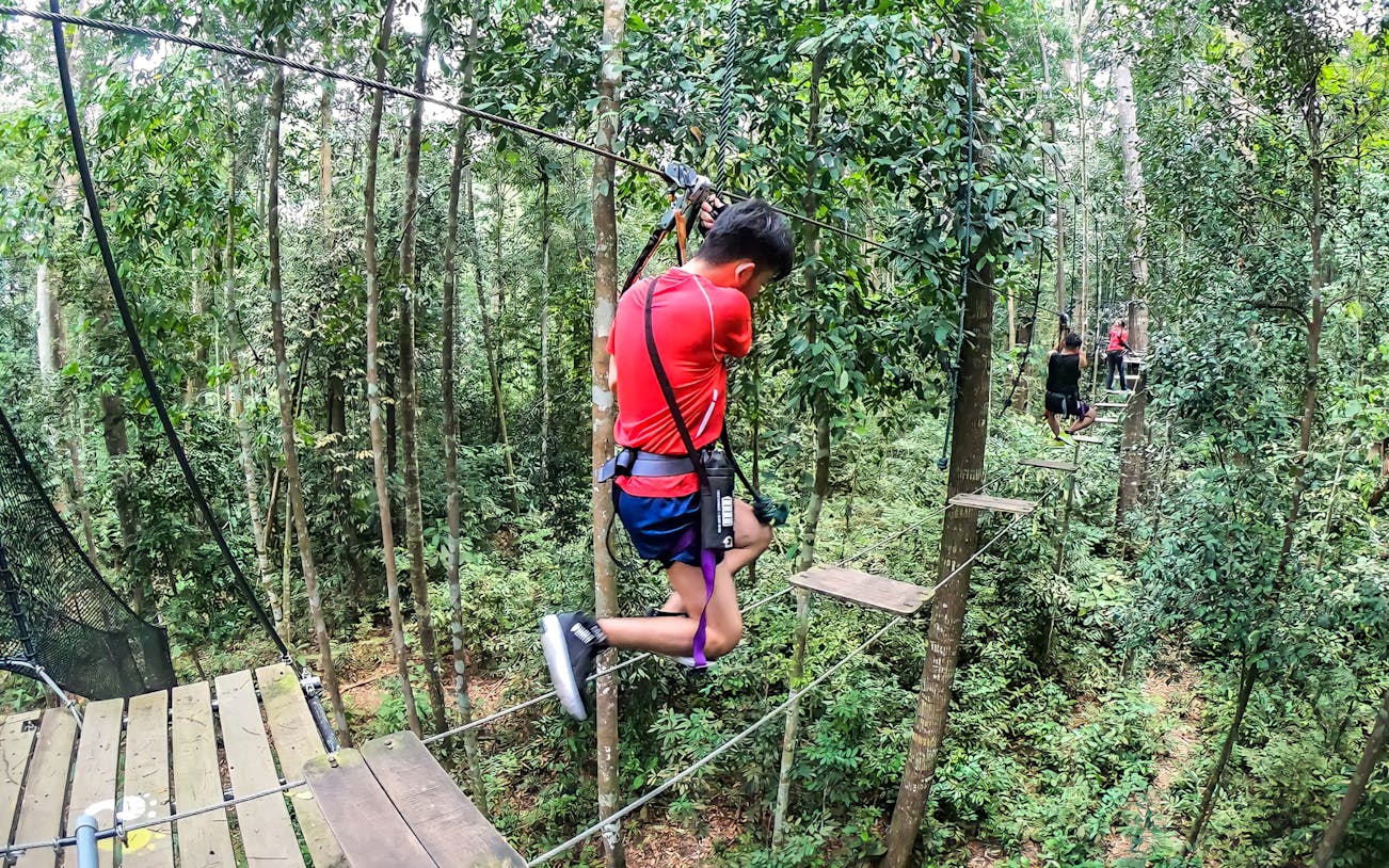 Person navigating treetop obstacle course at Skytrex Adventure Melaka.