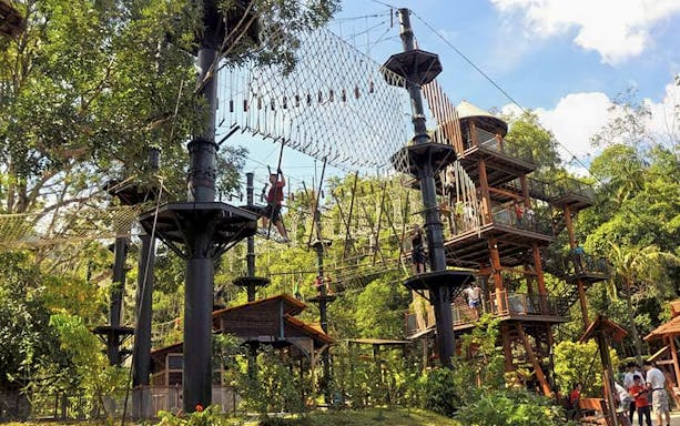 Visitors navigating high ropes course at Skytrex Adventure Melaka amidst lush greenery.