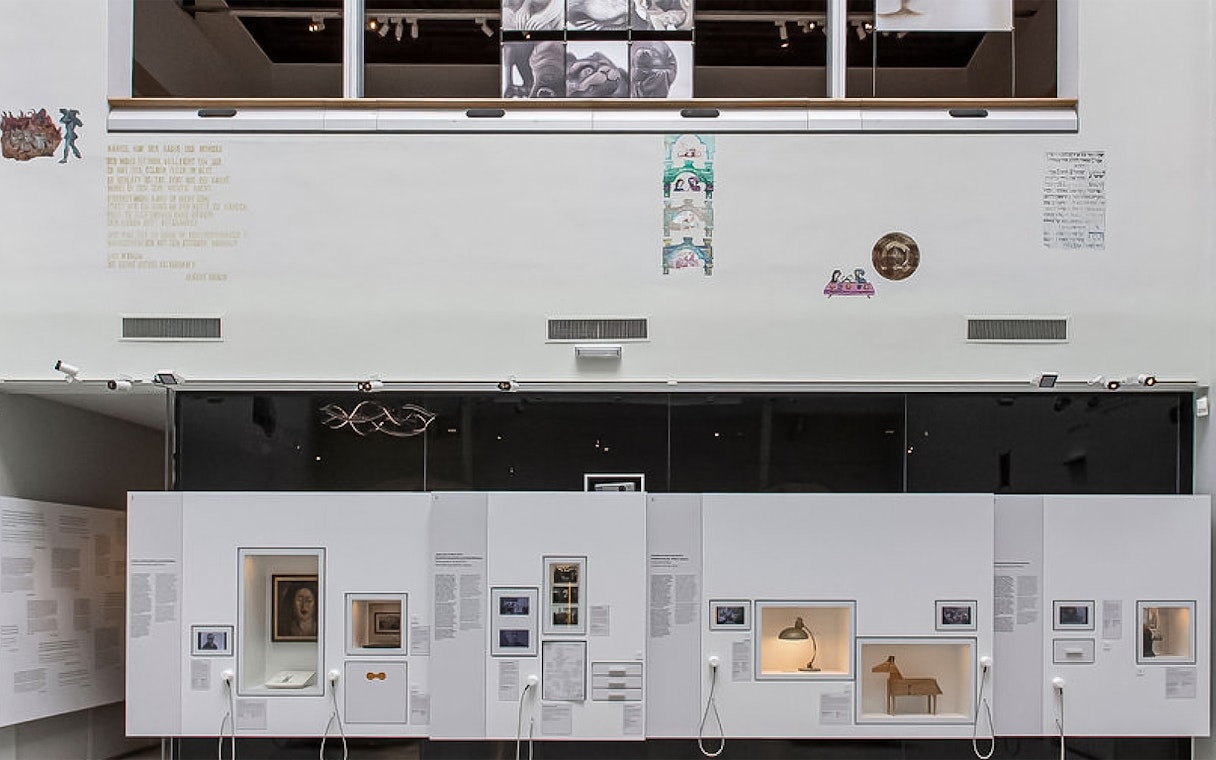 Exhibit display at Jewish Museum Vienna featuring historical artifacts and photographs.