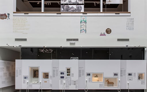 Exhibit display at Jewish Museum Vienna featuring historical artifacts and photographs.