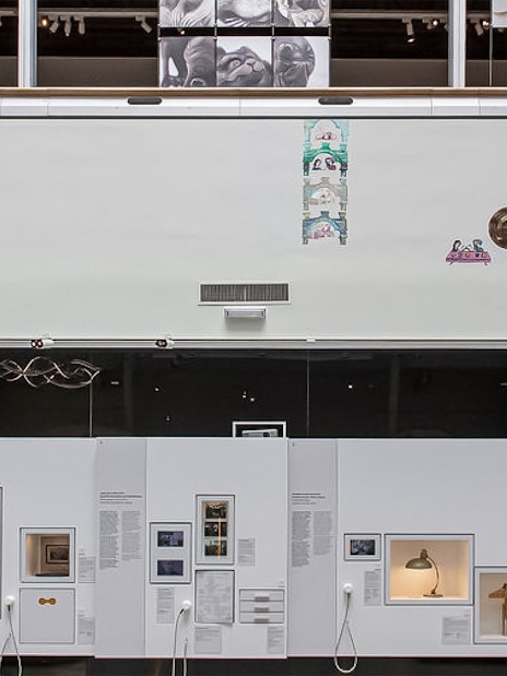 Exhibit display at Jewish Museum Vienna featuring historical artifacts and photographs.