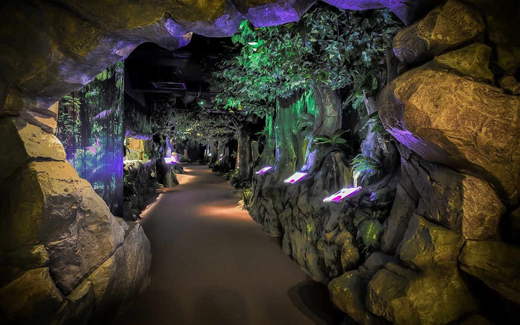 Jurassic-themed corridor with rock walls and foliage at The Top Penang's Jurassic Research Centre.
