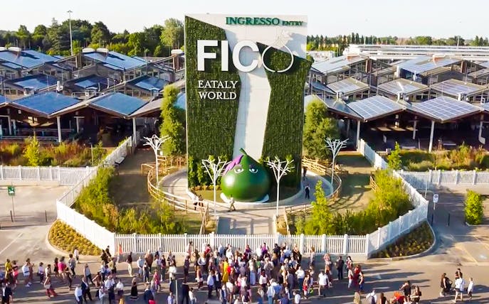 FICO Eataly World entrance with visitors in Bologna, Italy.