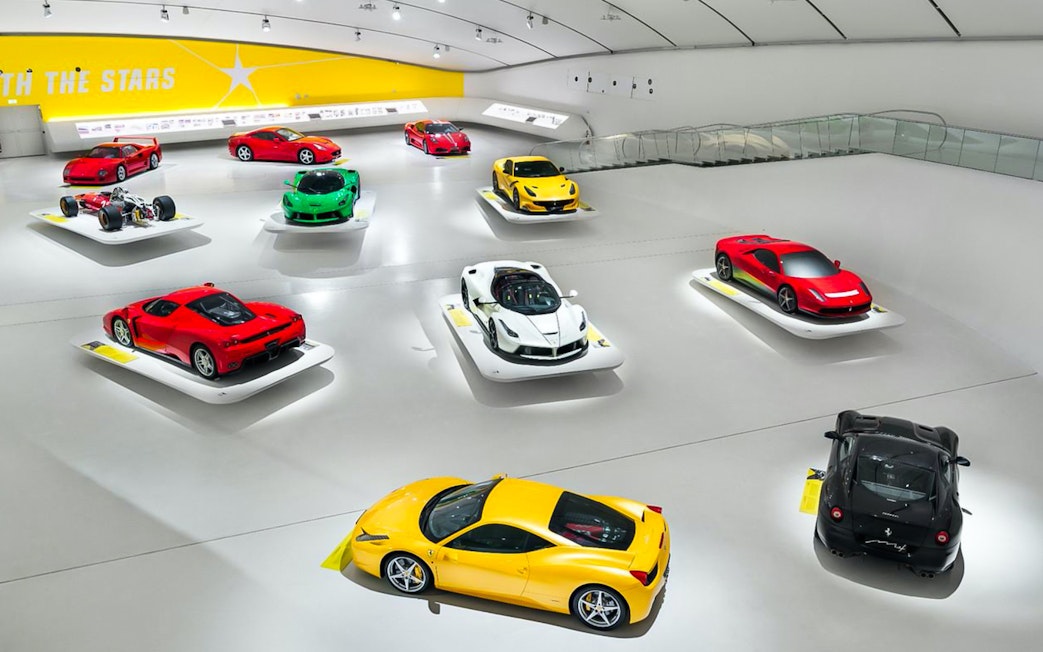 Ferrari cars displayed at Enzo Ferrari Museum Modena, part of the Combo tour with Maranello and FICO Eataly World.