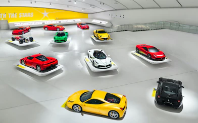 Ferrari cars displayed at Enzo Ferrari Museum Modena, part of the Combo tour with Maranello and FICO Eataly World.