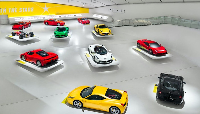 Ferrari cars displayed at Enzo Ferrari Museum Modena, part of the Combo tour with Maranello and FICO Eataly World.