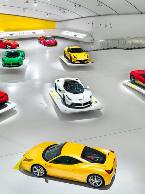 Ferrari cars displayed at Enzo Ferrari Museum Modena, part of the Combo tour with Maranello and FICO Eataly World.