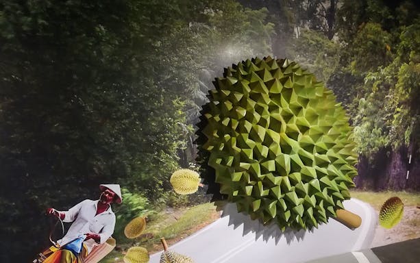 Durian sculpture at Penang State Gallery with a cyclist on a road.