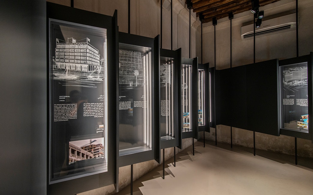 Exhibit of architectural sketches at Al Shindagha Museum, Dubai.