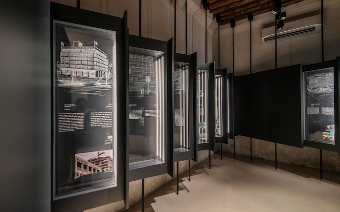 Exhibit of architectural sketches at Al Shindagha Museum, Dubai.
